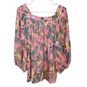 Lauren Conrad Bird Parrot Tropical Flowy Blouse Novelty Print Plants